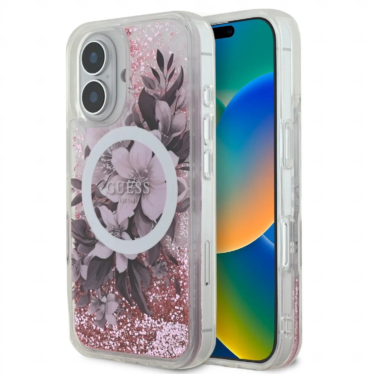Guess Magsafe “Liquid Glitter Flower" Hard Case Θήκη προστασίας από σκληρό πλαστικό – iPhone 16 Ροζ – GUHMP16SLFMWTP