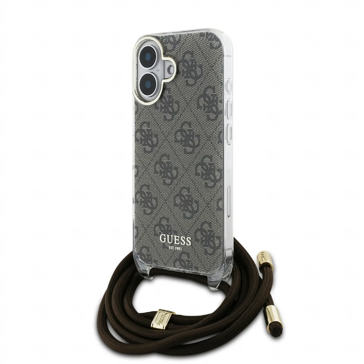 Guess “4G Logo Collection” Crossbody Hard Case Script Metal Logo Θήκη προστασίας από σιλικόνη με λουράκι – iPhone 16 Καφέ – GUHC