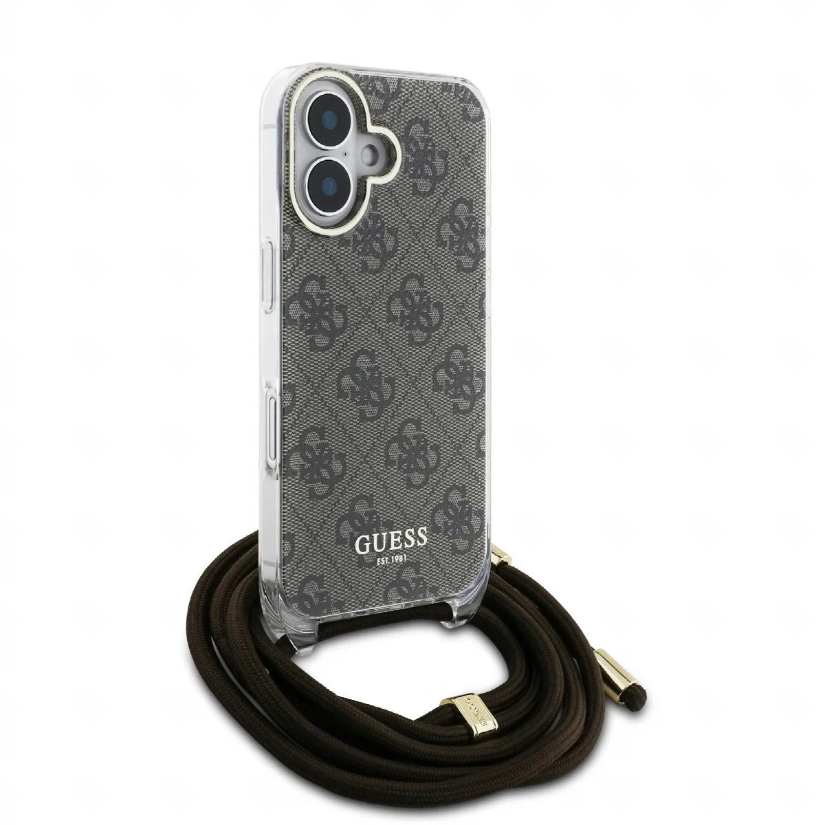 Guess “4G Logo Collection” Crossbody Hard Case Script Metal Logo Θήκη προστασίας από σιλικόνη με λουράκι – iPhone 16 Καφέ – GUHC – εικόνα 4