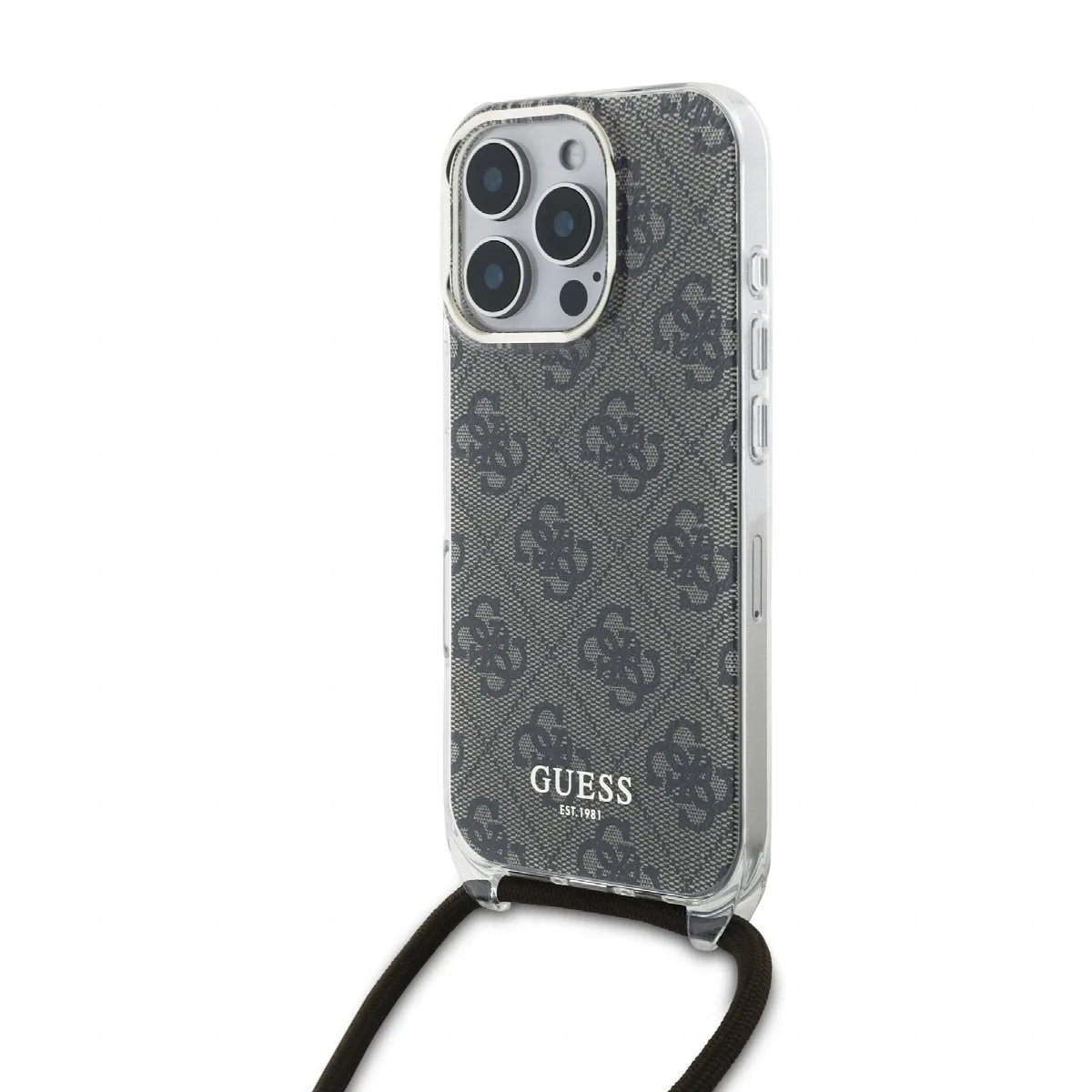 Guess “4G Logo Collection” Crossbody Hard Case Script Metal Logo Θήκη προστασίας από σιλικόνη με λουράκι – iPhone 16 Pro Καφέ –