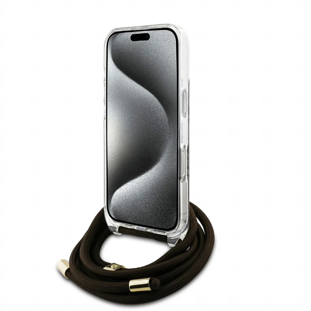 Guess “4G Logo Collection” Crossbody Hard Case Script Metal Logo Θήκη προστασίας από σιλικόνη με λουράκι – iPhone 16 Pro Max Καφ – εικόνα 2
