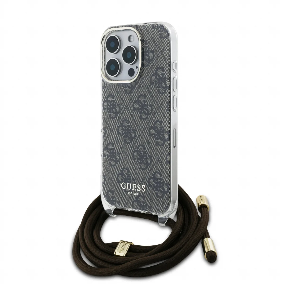 Guess “4G Logo Collection” Crossbody Hard Case Script Metal Logo Θήκη προστασίας από σιλικόνη με λουράκι – iPhone 16 Pro Max Καφ