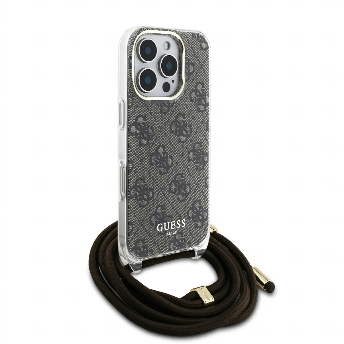 Guess “4G Logo Collection” Crossbody Hard Case Script Metal Logo Θήκη προστασίας από σιλικόνη με λουράκι – iPhone 16 Pro Max Καφ – εικόνα 4