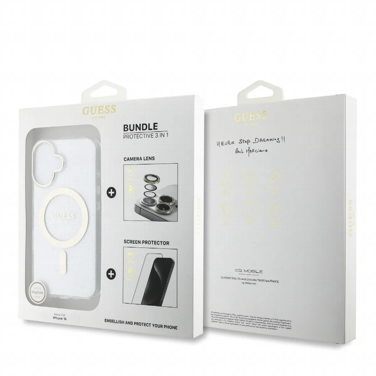 Guess IML Magsafe Case “Rhinestone Gold Lens + Screen” Θήκη προστασίας από σκληρό πλαστικό – iPhone 16 Clear/Glitter – GUOBPLTP1