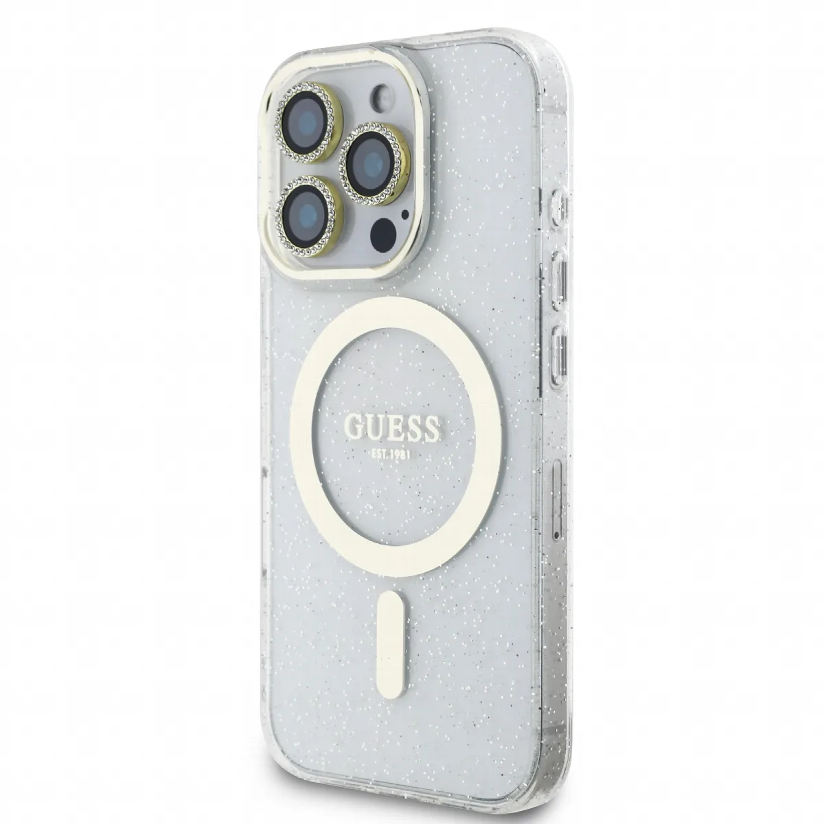 Guess IML Magsafe Case “Rhinestone Gold Lens + Screen” Θήκη προστασίας από σκληρό πλαστικό – iPhone 16 Pro Clear/Glitter – GUOBP