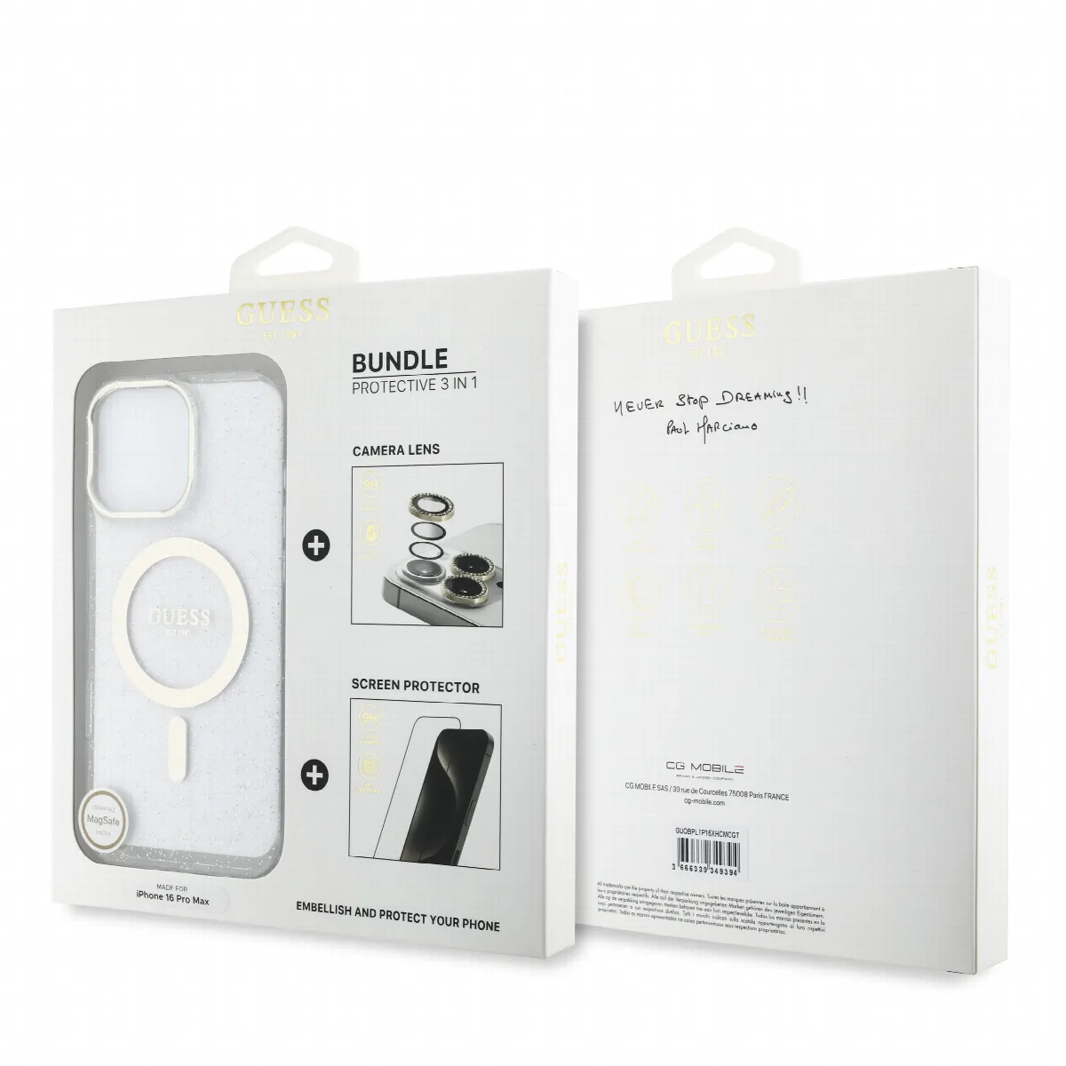 Guess IML Magsafe Case “Rhinestone Gold Lens + Screen” Θήκη προστασίας από σκληρό πλαστικό – iPhone 16 Pro Max Clear/Glitter – G