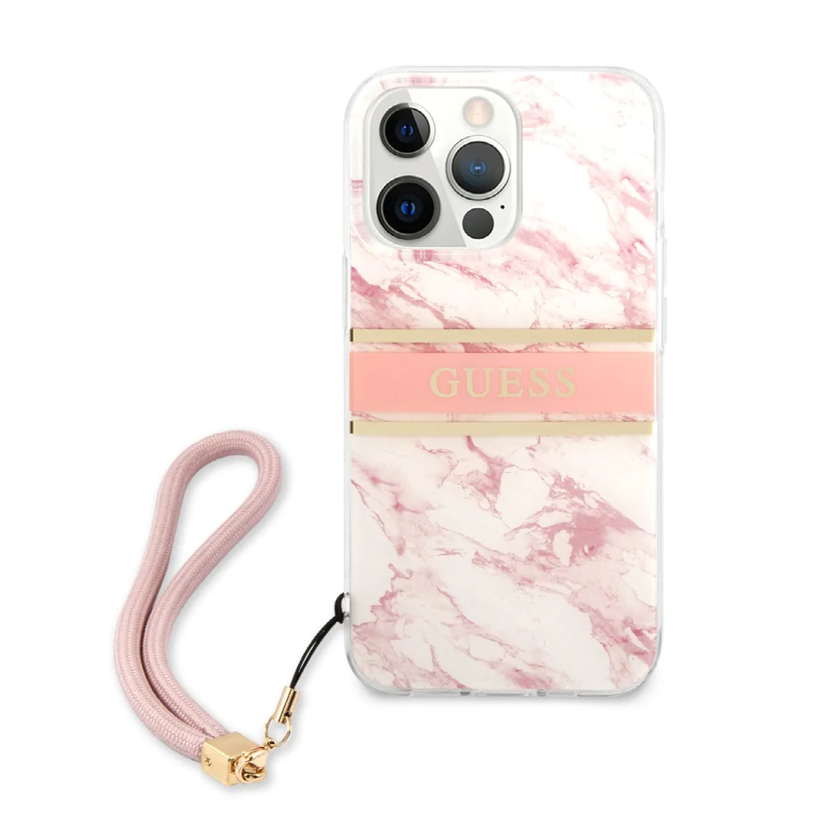 Guess "Marble Collection" Printed Stripe Θήκη προστασίας με όψη μαρμάρου και κορδονάκι χειρός – iPhone 13 Pro (Ροζ/Λευκό) – εικόνα 3