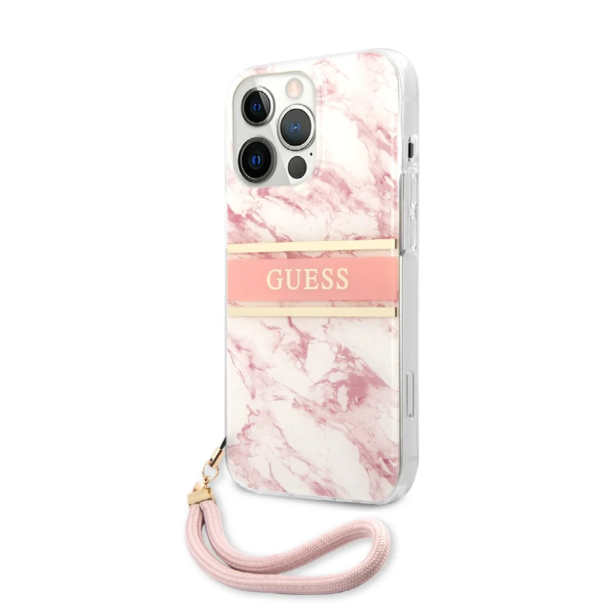 Guess "Marble Collection" Printed Stripe Θήκη προστασίας με όψη μαρμάρου και κορδονάκι χειρός – iPhone 13 Pro (Ροζ/Λευκό) – εικόνα 4