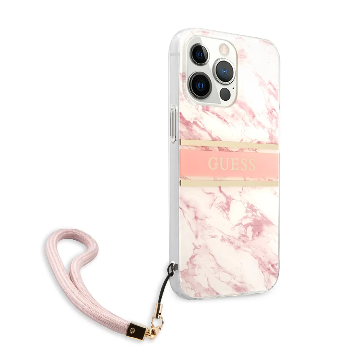 Guess "Marble Collection" Printed Stripe Θήκη προστασίας με όψη μαρμάρου και κορδονάκι χειρός – iPhone 13 Pro (Ροζ/Λευκό) – εικόνα 2