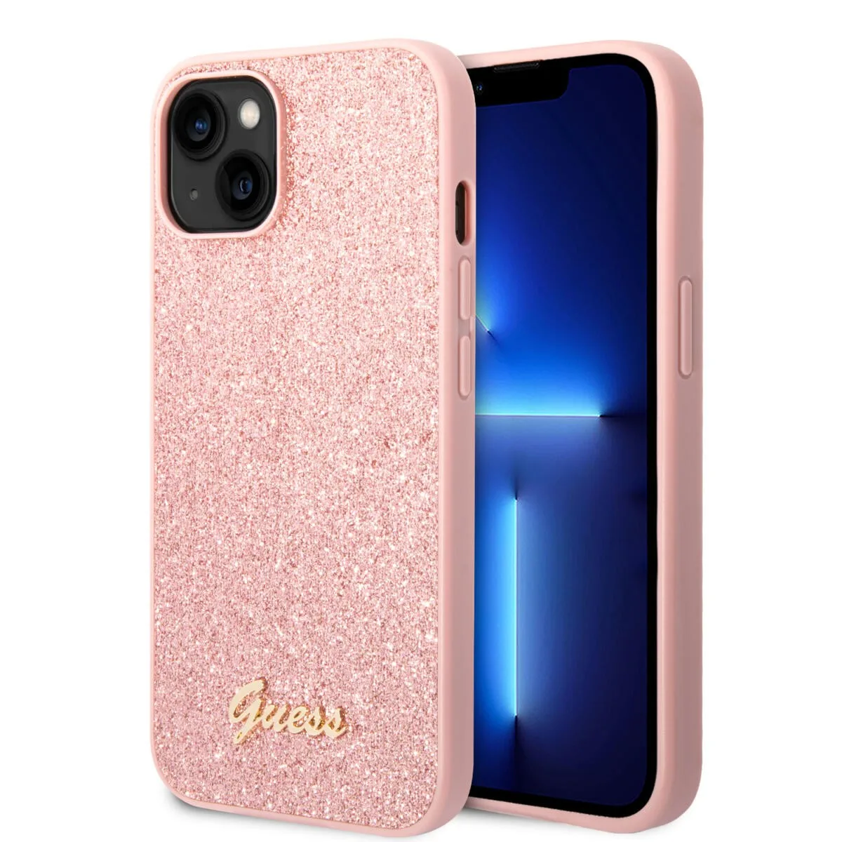 Guess Glitter Flakes Case with Ikonik Patch and Vintage Script Logo Θήκη προστασίας από σιλικόνη – iPhone 14 Plus (Glitter Pink