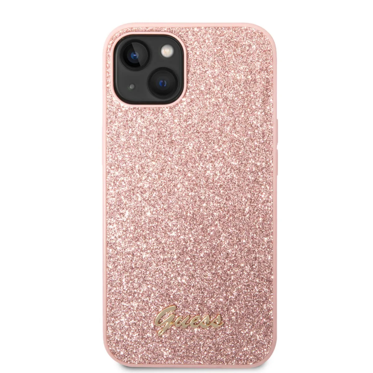 Guess Glitter Flakes Case with Ikonik Patch and Vintage Script Logo Θήκη προστασίας από σιλικόνη – iPhone 14 Plus (Glitter Pink – εικόνα 3
