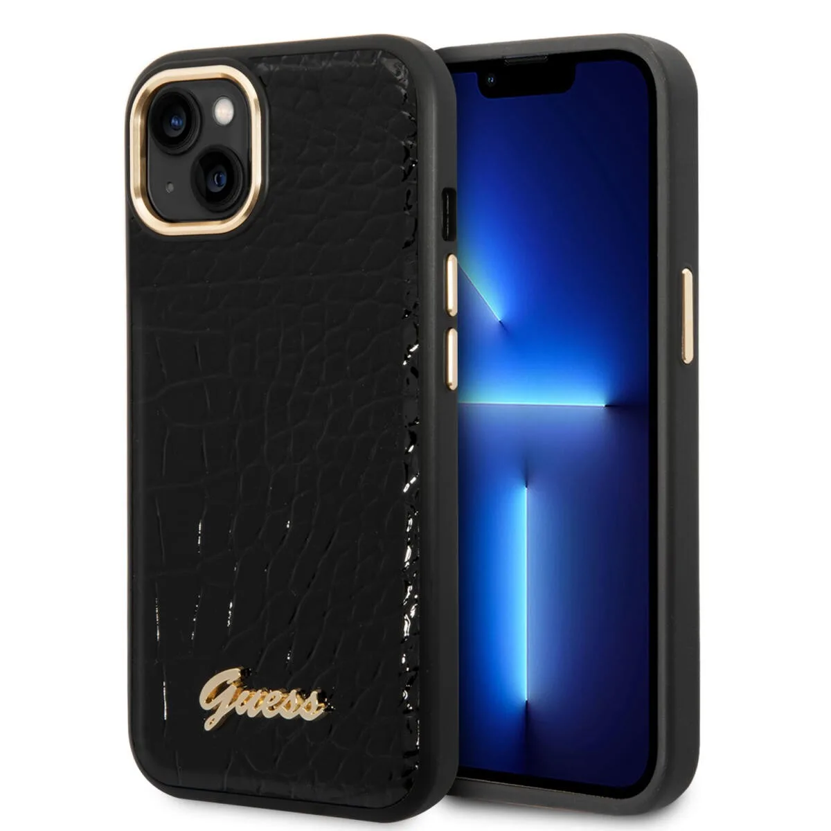 Guess "Croco Collection" Hot Stamp Lines Θήκη προστασίας από δερματίνη με μεταλλικό λογότυπο – iPhone 14 Plus (Μαύρο)