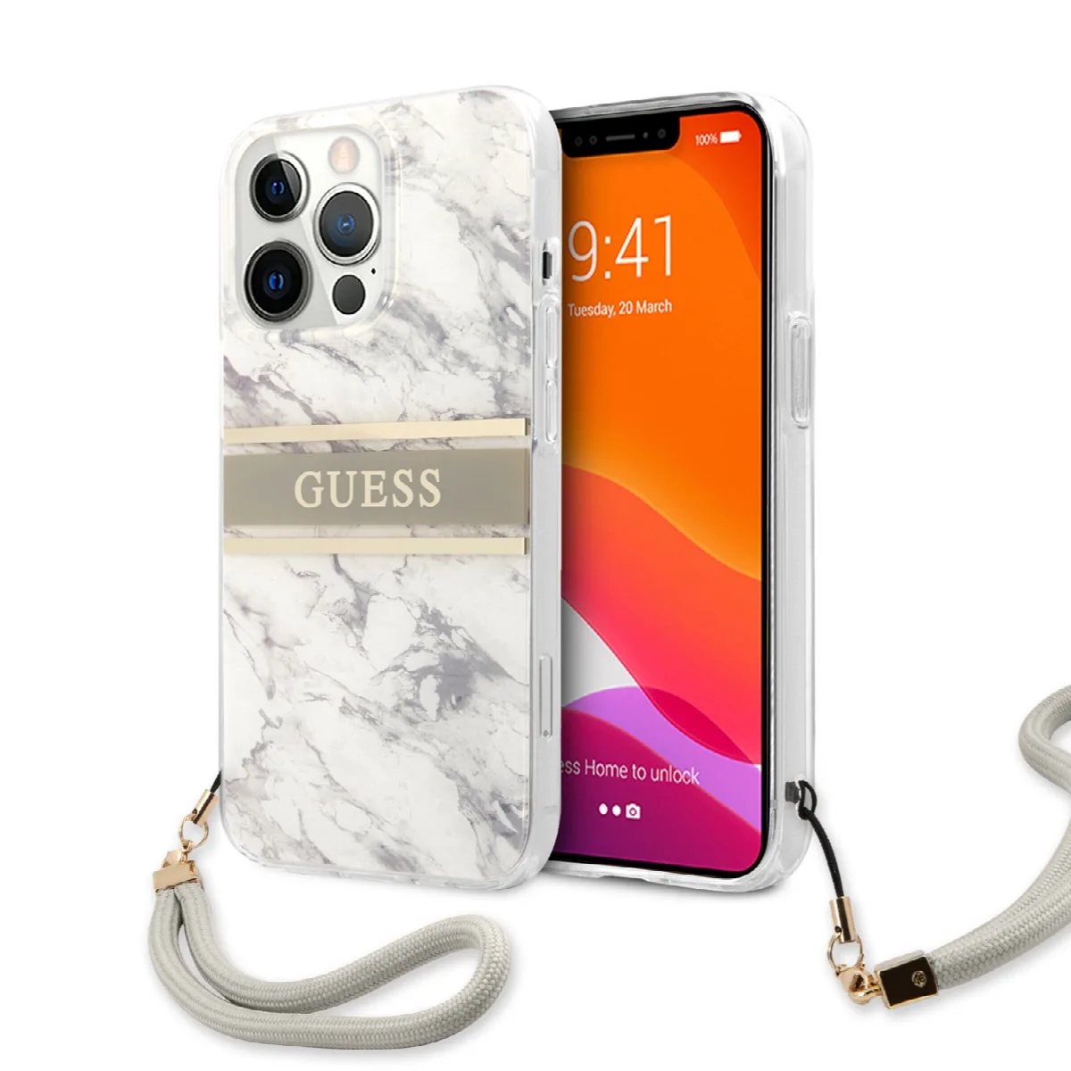 Guess "Marble Collection" Printed Stripe Θήκη προστασίας με όψη μαρμάρου και κορδονάκι χειρός – iPhone 13 Pro Γκρι/Λευκό