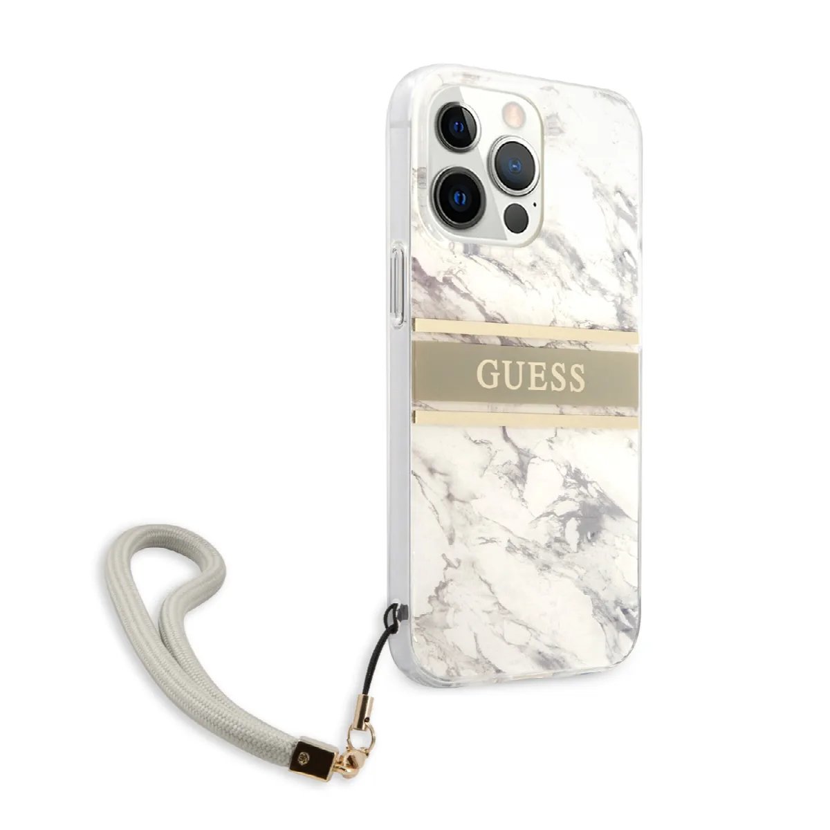Guess "Marble Collection" Printed Stripe Θήκη προστασίας με όψη μαρμάρου και κορδονάκι χειρός – iPhone 13 Pro Γκρι/Λευκό – εικόνα 2