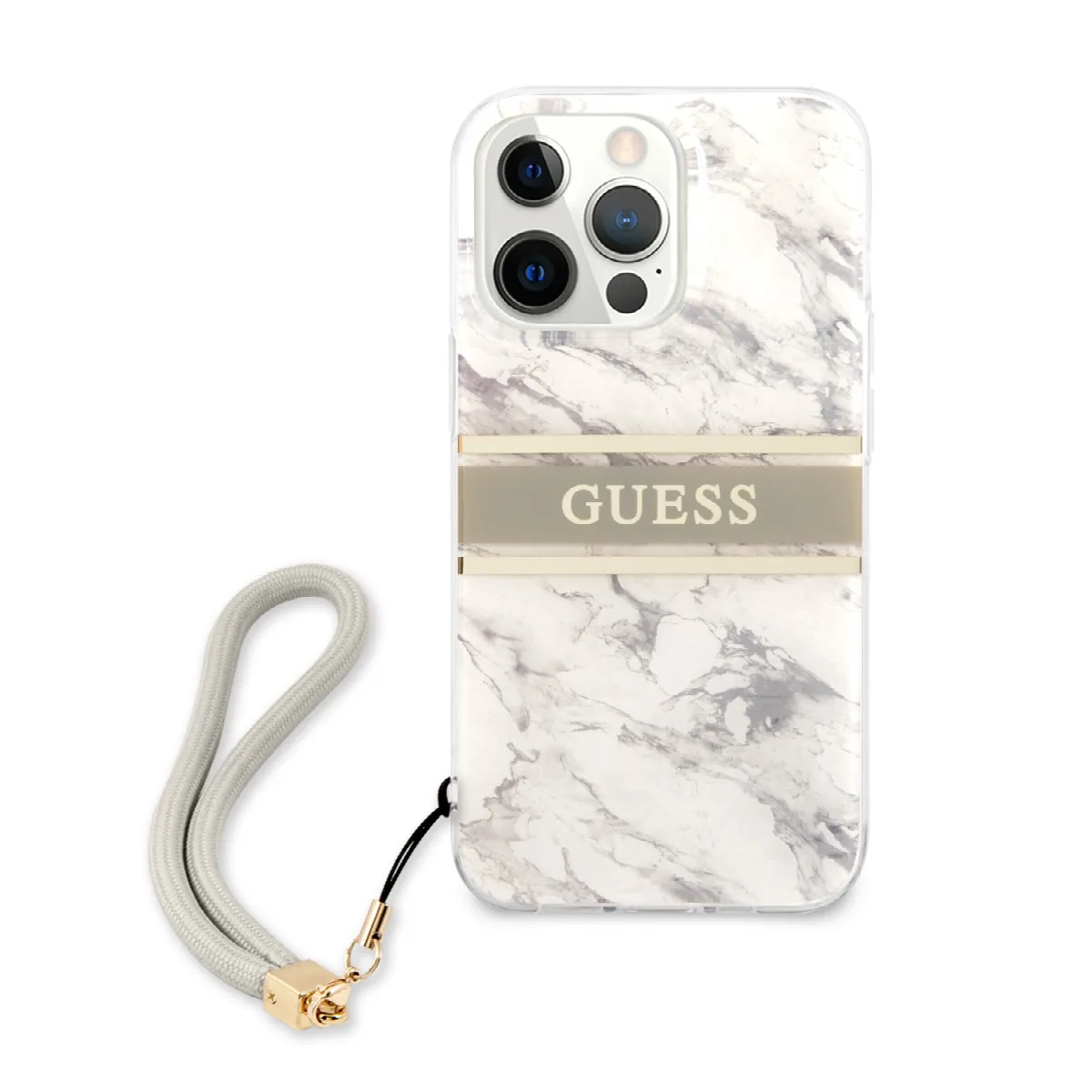 Guess "Marble Collection" Printed Stripe Θήκη προστασίας με όψη μαρμάρου και κορδονάκι χειρός – iPhone 13 Pro Γκρι/Λευκό – εικόνα 3