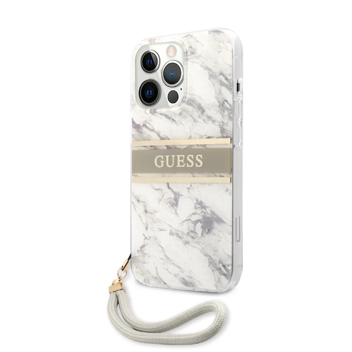 Guess "Marble Collection" Printed Stripe Θήκη προστασίας με όψη μαρμάρου και κορδονάκι χειρός – iPhone 13 Pro Γκρι/Λευκό – εικόνα 4
