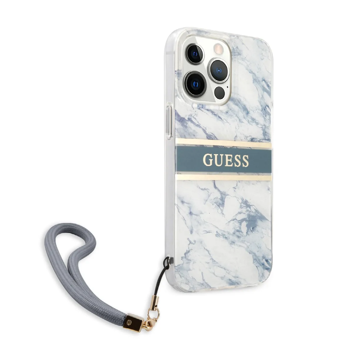 Guess "Marble Collection" Printed Stripe Θήκη προστασίας με όψη μαρμάρου και κορδονάκι χειρός – iPhone 13 Pro Μπλε/Λευκό – εικόνα 2