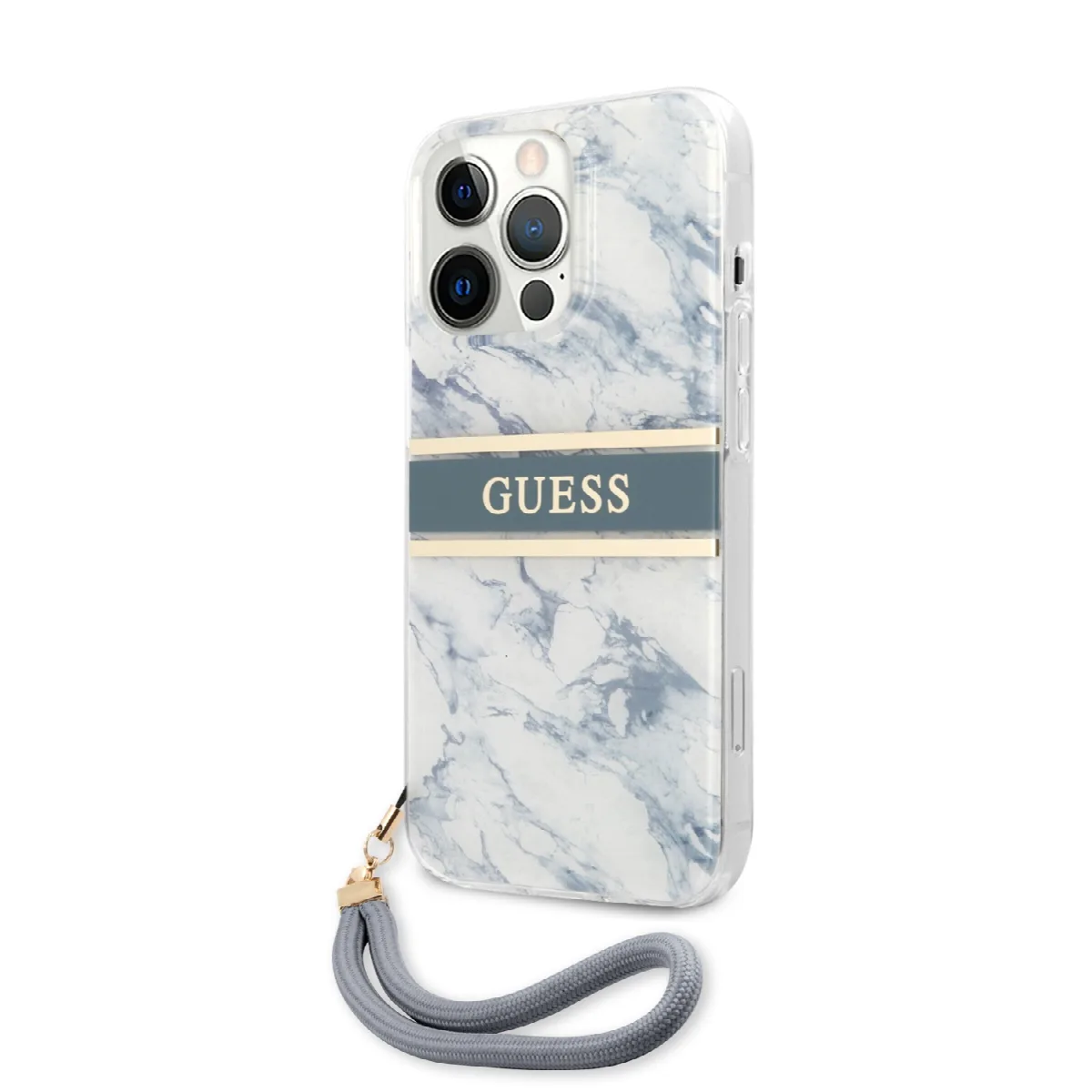 Guess "Marble Collection" Printed Stripe Θήκη προστασίας με όψη μαρμάρου και κορδονάκι χειρός – iPhone 13 Pro Μπλε/Λευκό – εικόνα 4