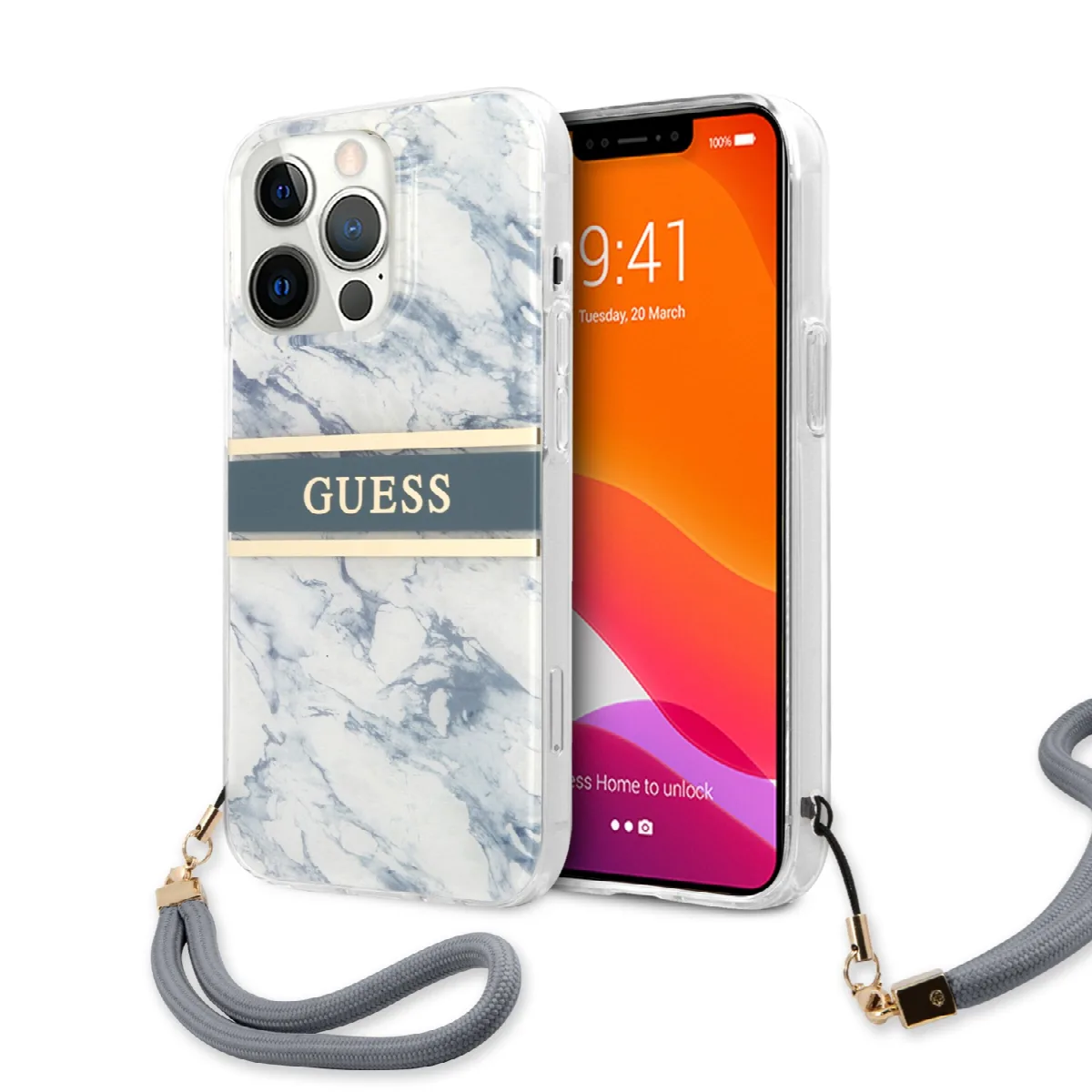Guess "Marble Collection" Printed Stripe Θήκη προστασίας με όψη μαρμάρου και κορδονάκι χειρός – iPhone 13 Pro Μπλε/Λευκό