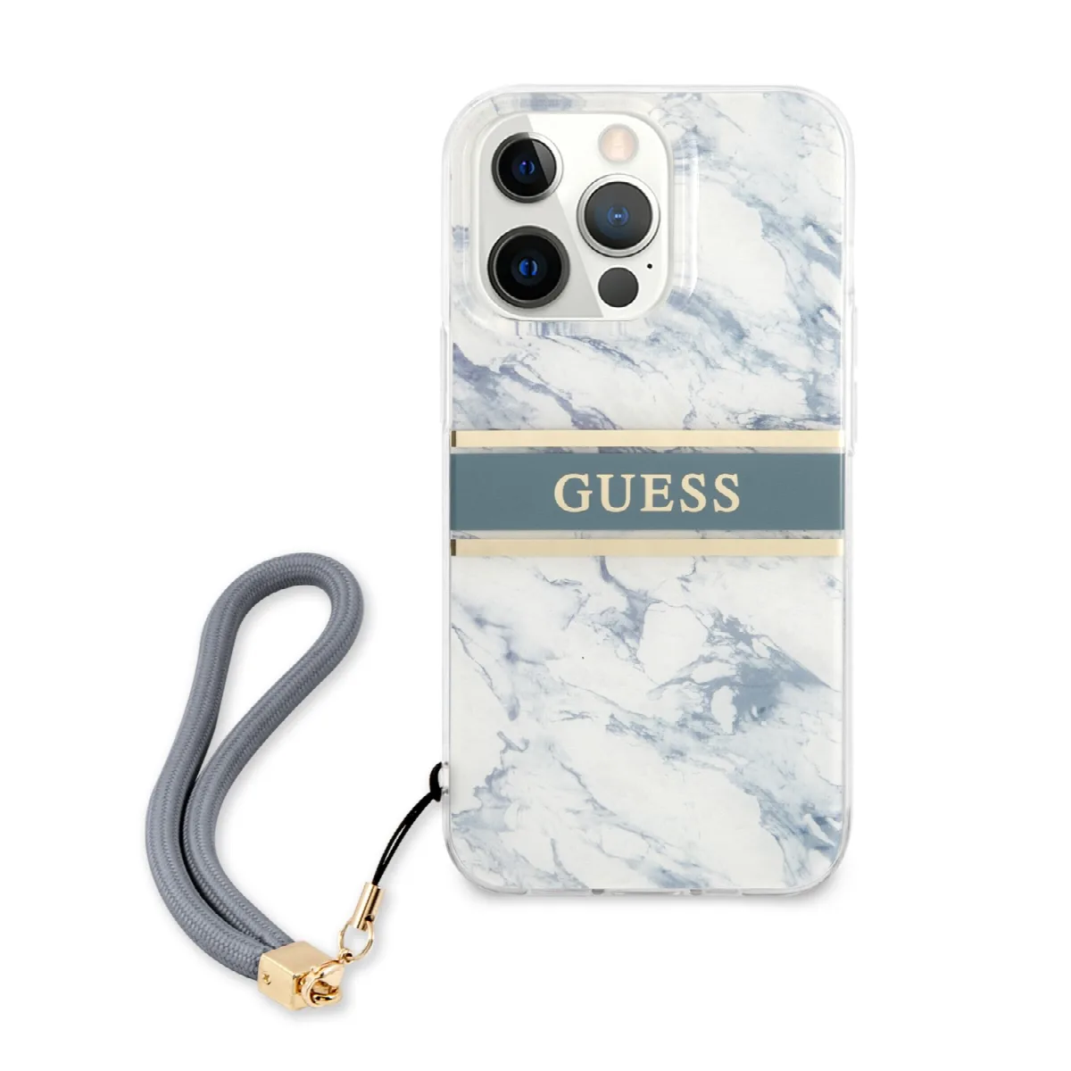 Guess "Marble Collection" Printed Stripe Θήκη προστασίας με όψη μαρμάρου και κορδονάκι χειρός – iPhone 13 Pro Μπλε/Λευκό – εικόνα 3