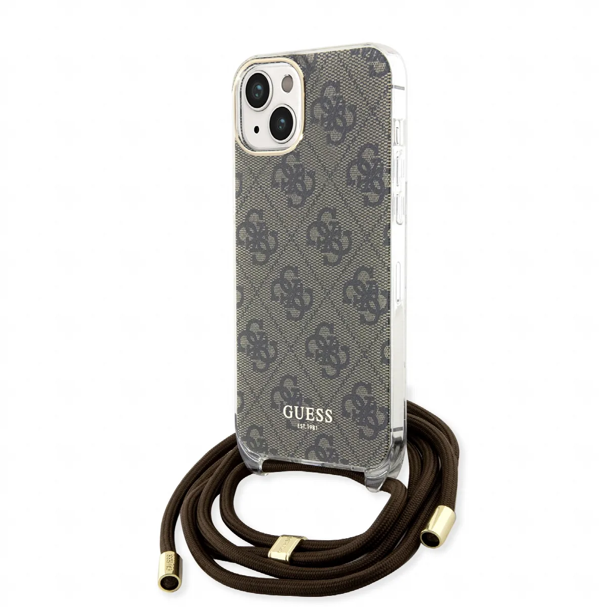 Guess "4G Logo Collection" Crossbody Hard Case Script Metal Logo Θήκη προστασίας από σιλικόνη με λουράκι – iPhone 15 Καφέ – GUHC