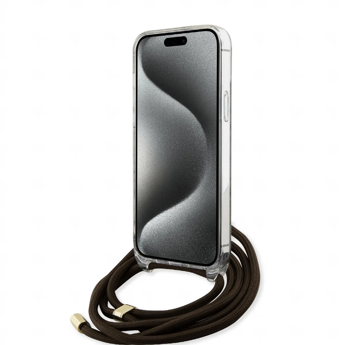 Guess "4G Logo Collection" Crossbody Hard Case Script Metal Logo Θήκη προστασίας από σιλικόνη με λουράκι – iPhone 15 Καφέ – GUHC – εικόνα 2
