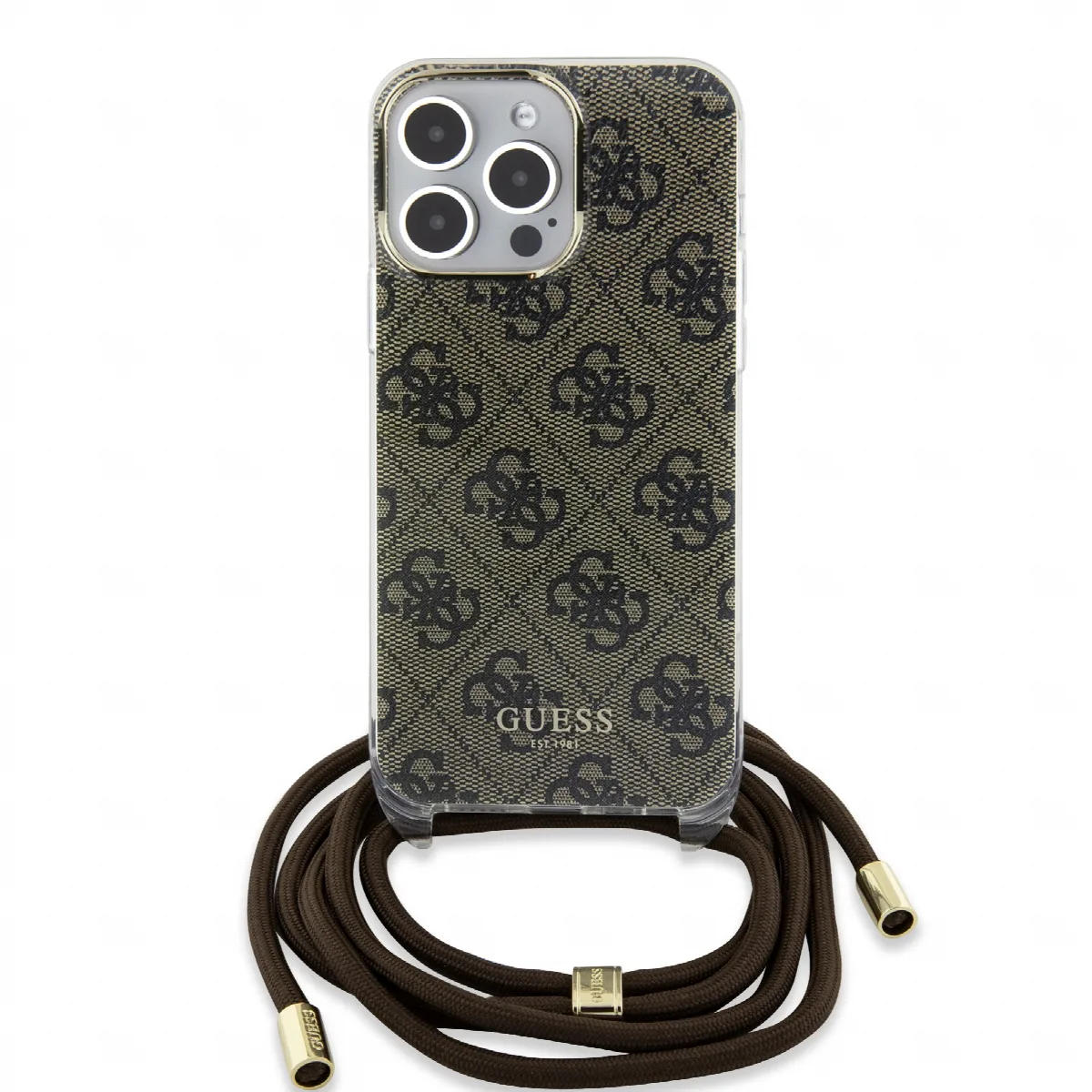 Guess "4G Logo Collection" Crossbody Hard Case Script Metal Logo Θήκη προστασίας από σιλικόνη με λουράκι – iPhone 15 Pro Καφέ – – εικόνα 4