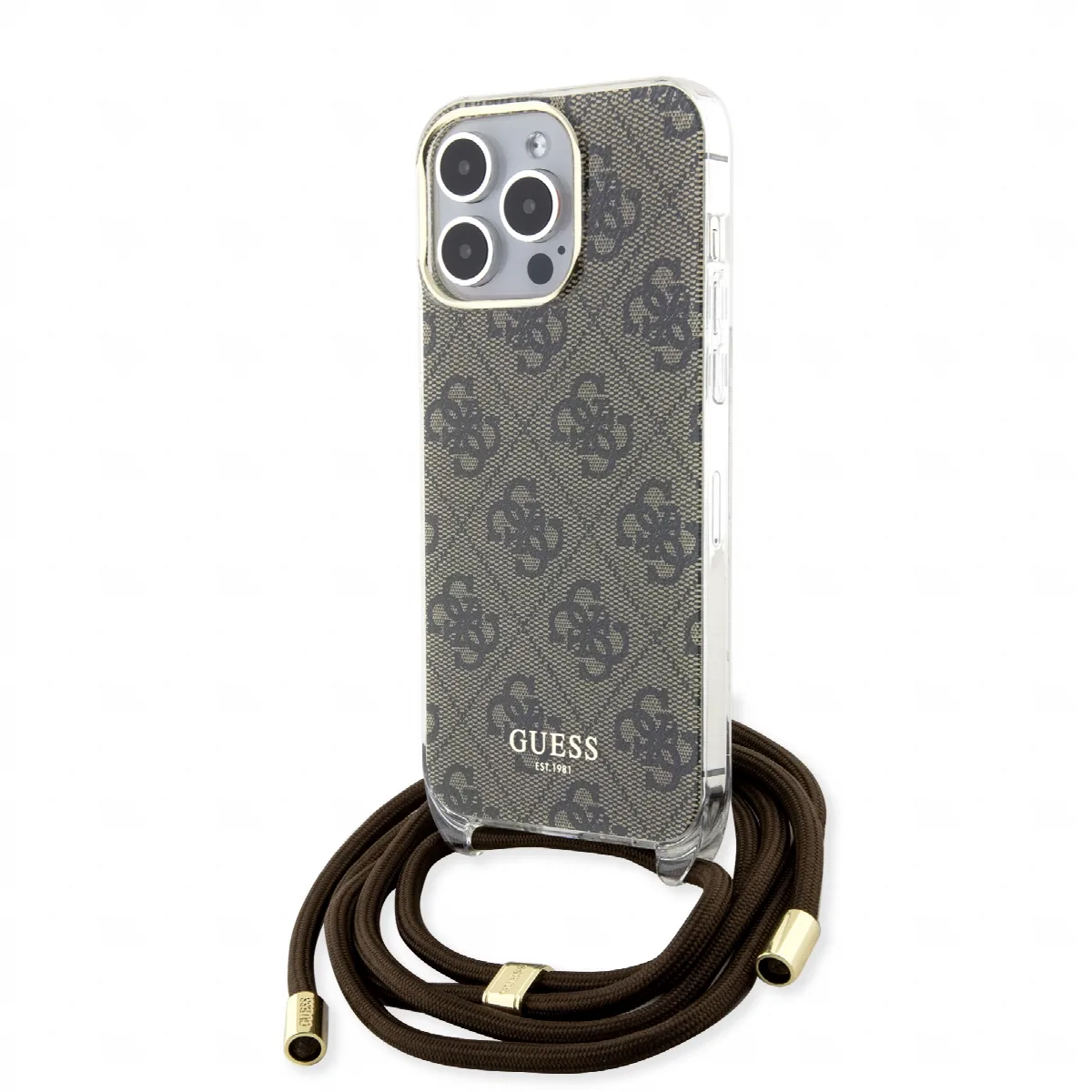 Guess "4G Logo Collection" Crossbody Hard Case Script Metal Logo Θήκη προστασίας από σιλικόνη με λουράκι – iPhone 15 Pro Max Καφ