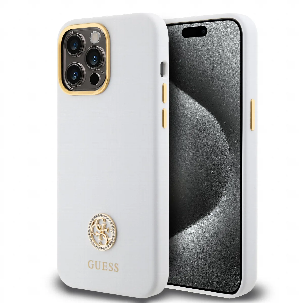 Guess 4G Strass Logo Collection Silicone Case Apple iPhone 15 Pro Max White