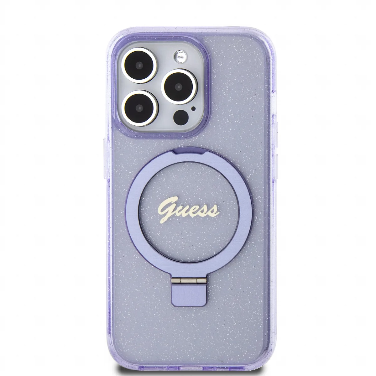 Guess MagSafe Ring Stand Glitter Hard Case Script Logo Θήκη προστασίας από σιλικόνη – iPhone 15 Pro Διάφανη / Μωβ – GUHMP15LHRSG – εικόνα 4