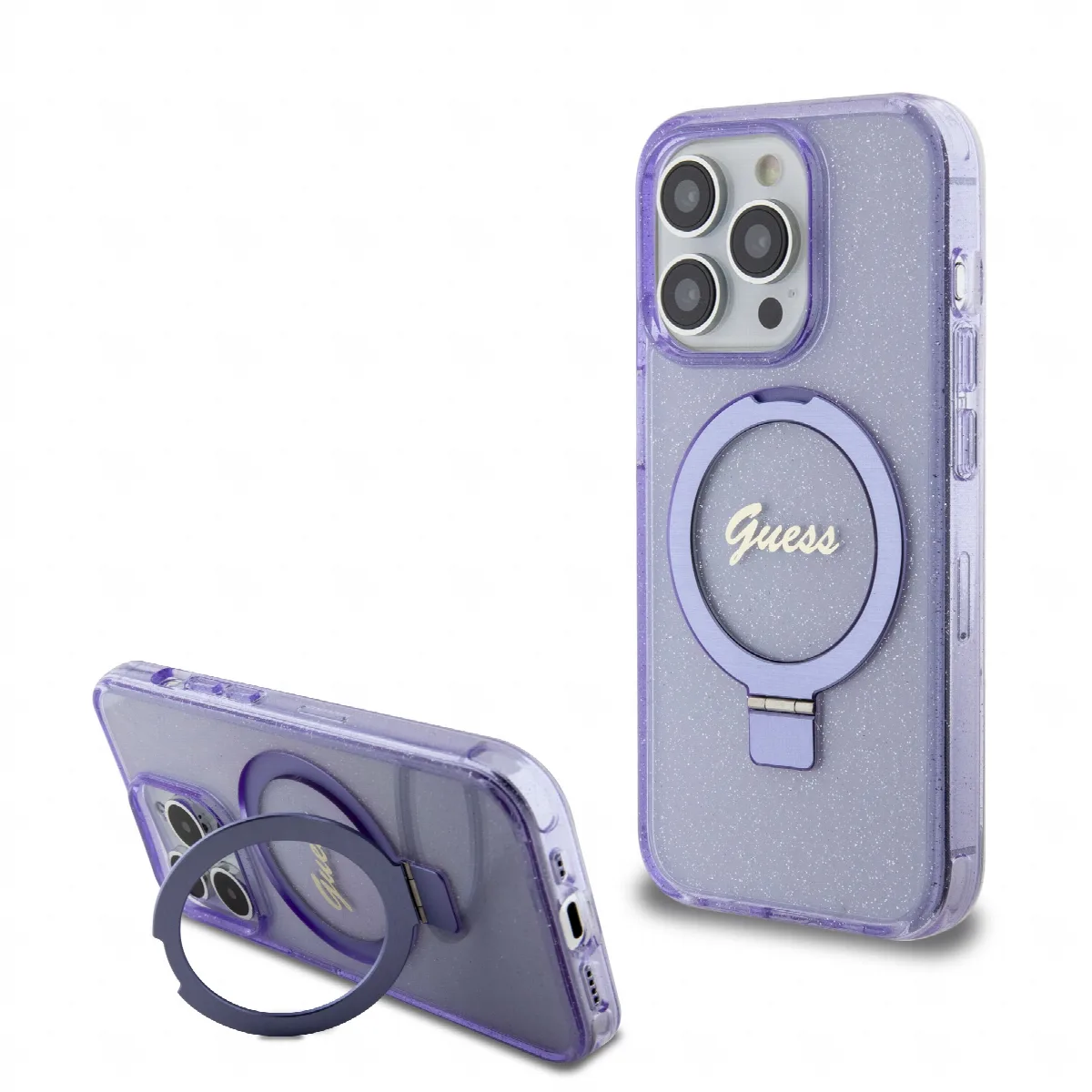 Guess MagSafe Ring Stand Glitter Hard Case Script Logo Θήκη προστασίας από σιλικόνη – iPhone 15 Pro Διάφανη / Μωβ – GUHMP15LHRSG