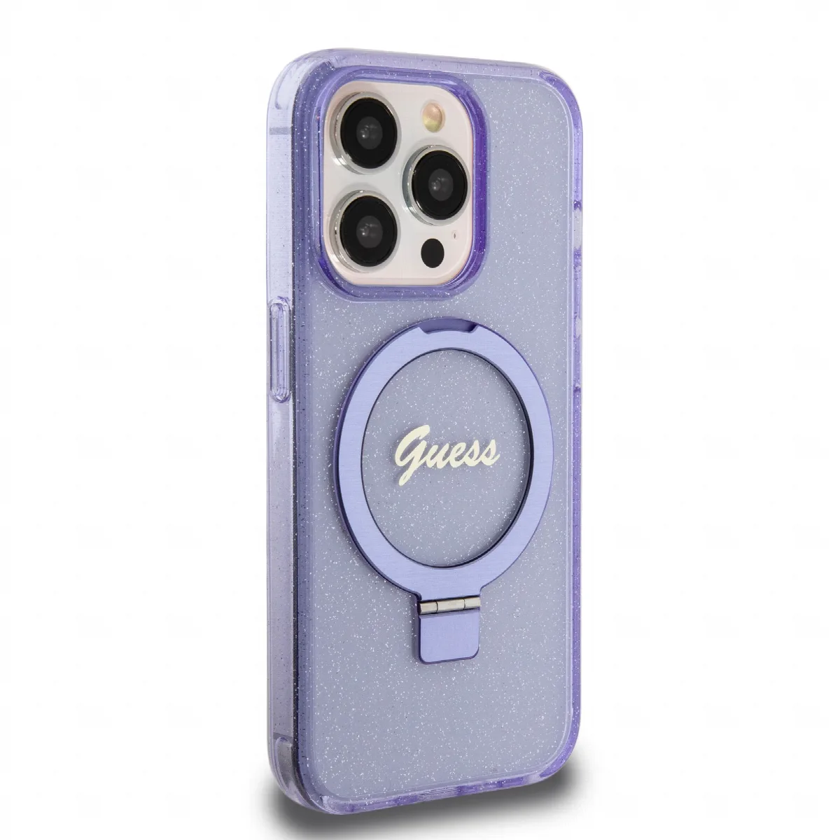 Guess MagSafe Ring Stand Glitter Hard Case Script Logo Θήκη προστασίας από σιλικόνη – iPhone 15 Pro Διάφανη / Μωβ – GUHMP15LHRSG – εικόνα 2
