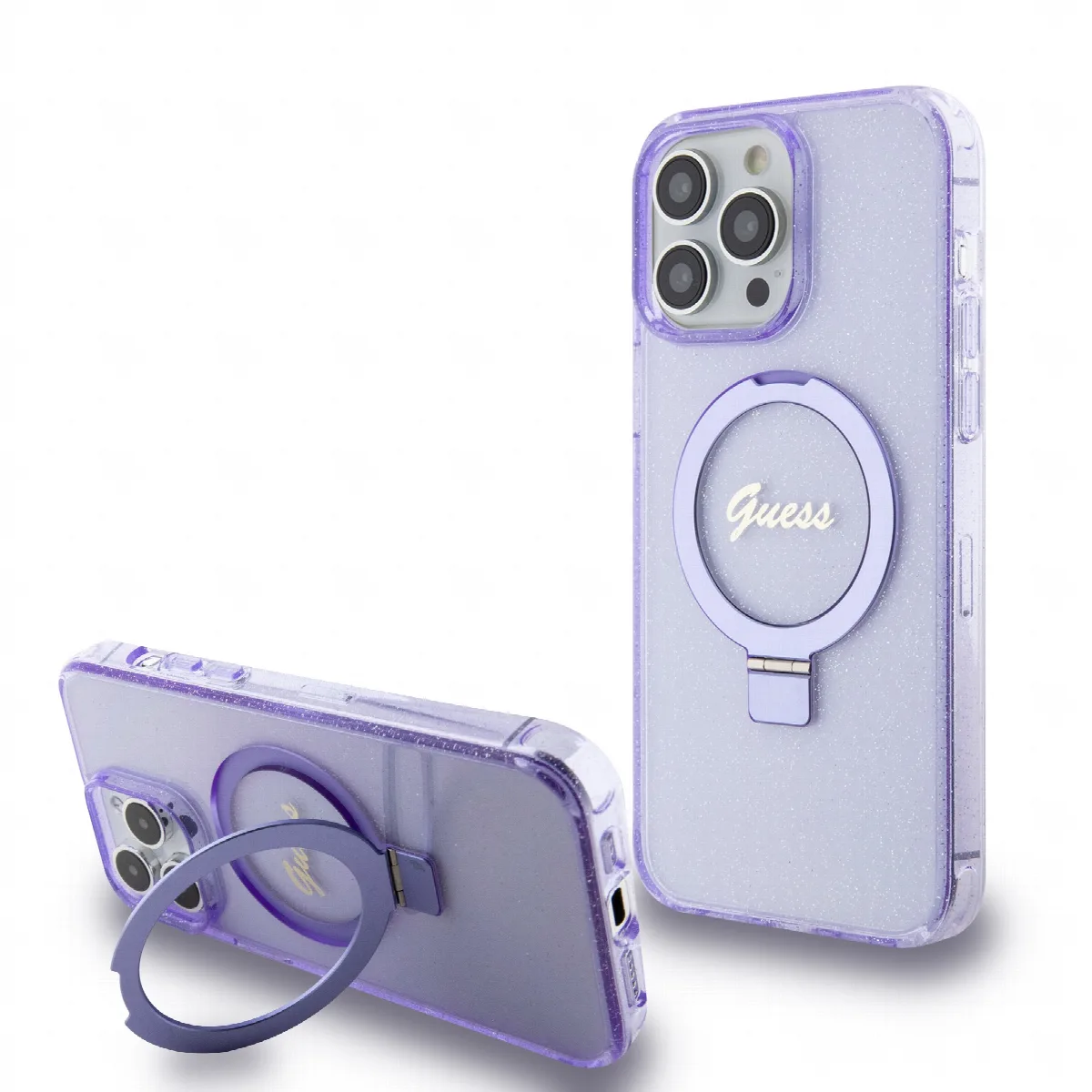 Guess MagSafe Ring Stand Glitter Hard Case Script Logo Θήκη προστασίας από σιλικόνη – iPhone 15 Pro Max Διάφανη / Μωβ – GUHMP15X