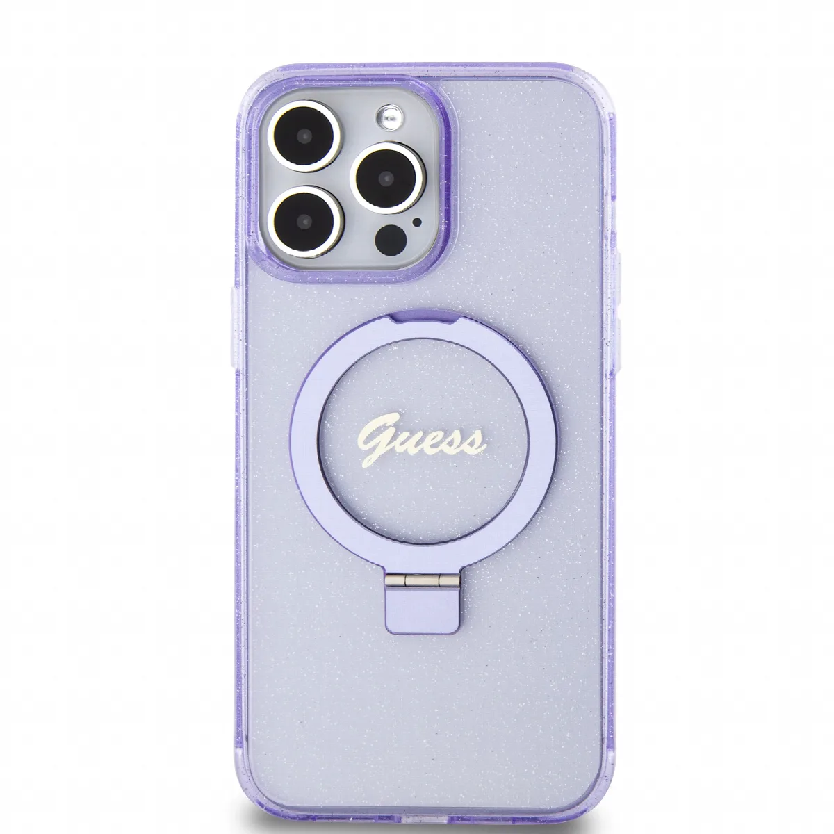 Guess MagSafe Ring Stand Glitter Hard Case Script Logo Θήκη προστασίας από σιλικόνη – iPhone 15 Pro Max Διάφανη / Μωβ – GUHMP15X – εικόνα 4