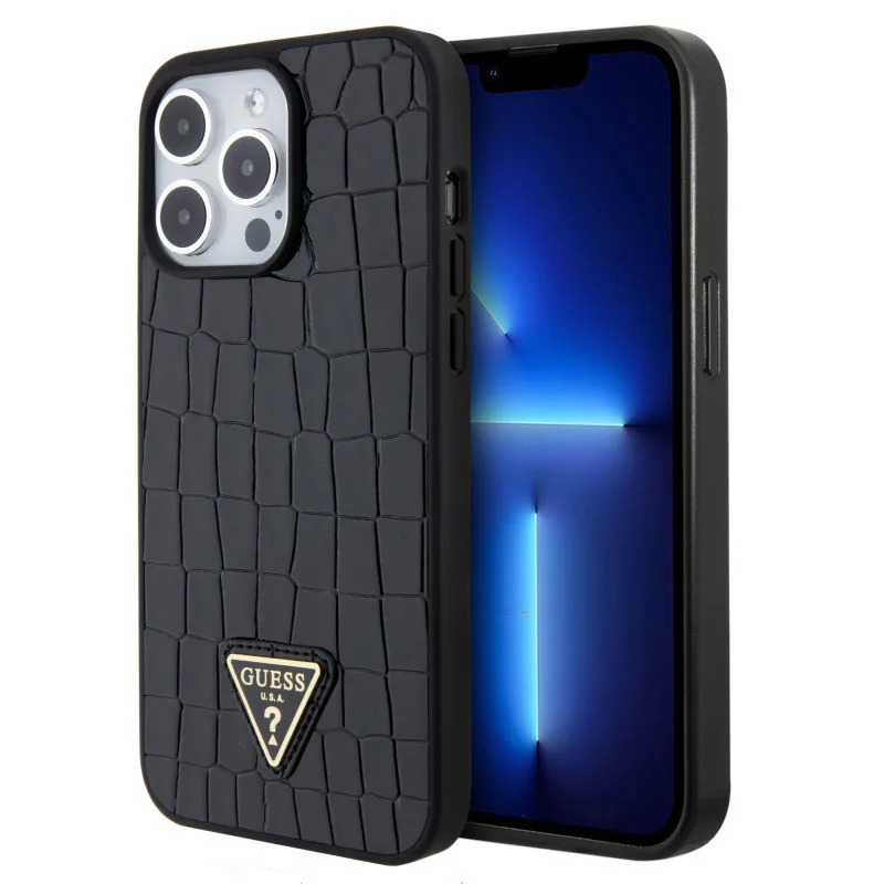 Guess “Croco Triangle Logo Collection” Θήκη προστασίας από δερματίνη με μεταλλικό λογότυπο – iPhone 15 Pro Max Μαύρο – GUHCP15XP