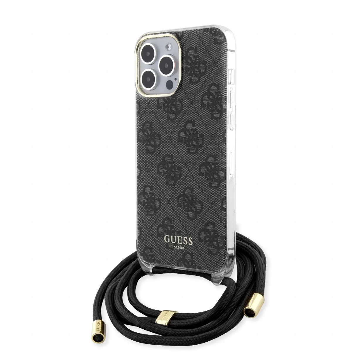 Guess "4G Logo Collection" Crossbody Hard Case Script Metal Logo Θήκη προστασίας από σιλικόνη με λουράκι – iPhone 15 Pro Max Μαύ