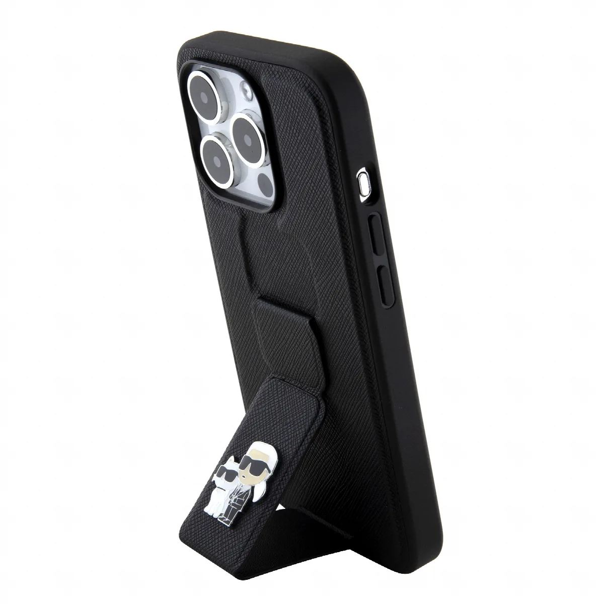 Karl Lagerfeld Karl + Choupette Metal Pin Saffiano Gripstand Case Θήκη προστασίας από δερματίνη – iPhone 15 Pro Black – KLHCP15L