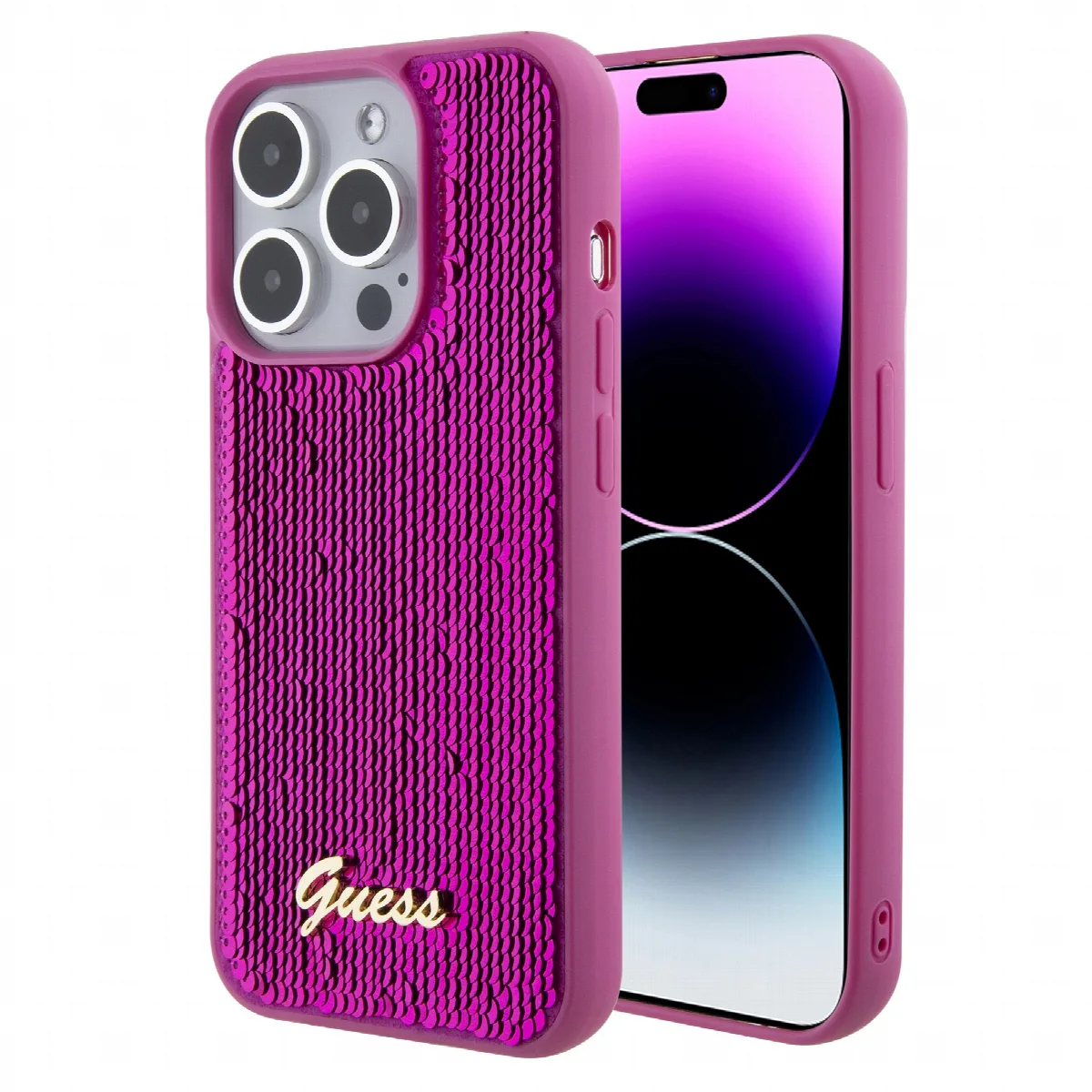 Guess Sequin Script Metal Hard Case Apple iPhone 15 Pro Fuchsia