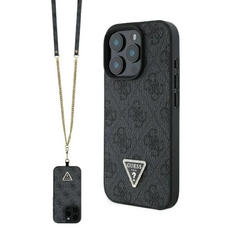 Guess Metal Logo Strass Crossbody Back Cover με Λουράκι για iPhone 16 Pro - Μαύρο