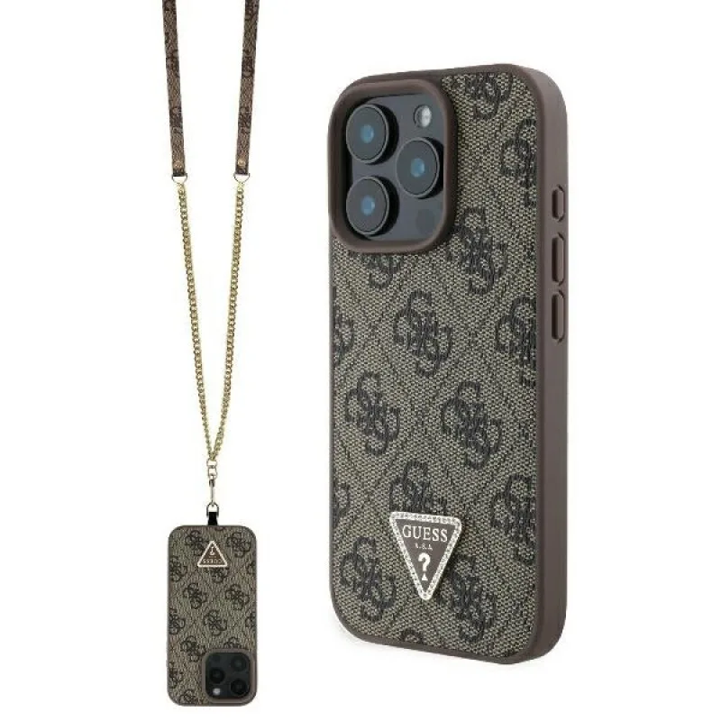 Guess Metal Logo Strass Crossbody Back Cover με Λουράκι για iPhone 16 Pro Max - Καφέ