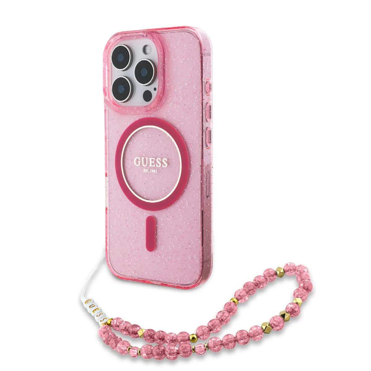 Guess Magsafe “Glitter with Pearl Strap” Hard Case Θήκη προστασίας από σκληρό πλαστικό – iPhone 16 Pro Ροζ – GUHMP16LHGCRELSF