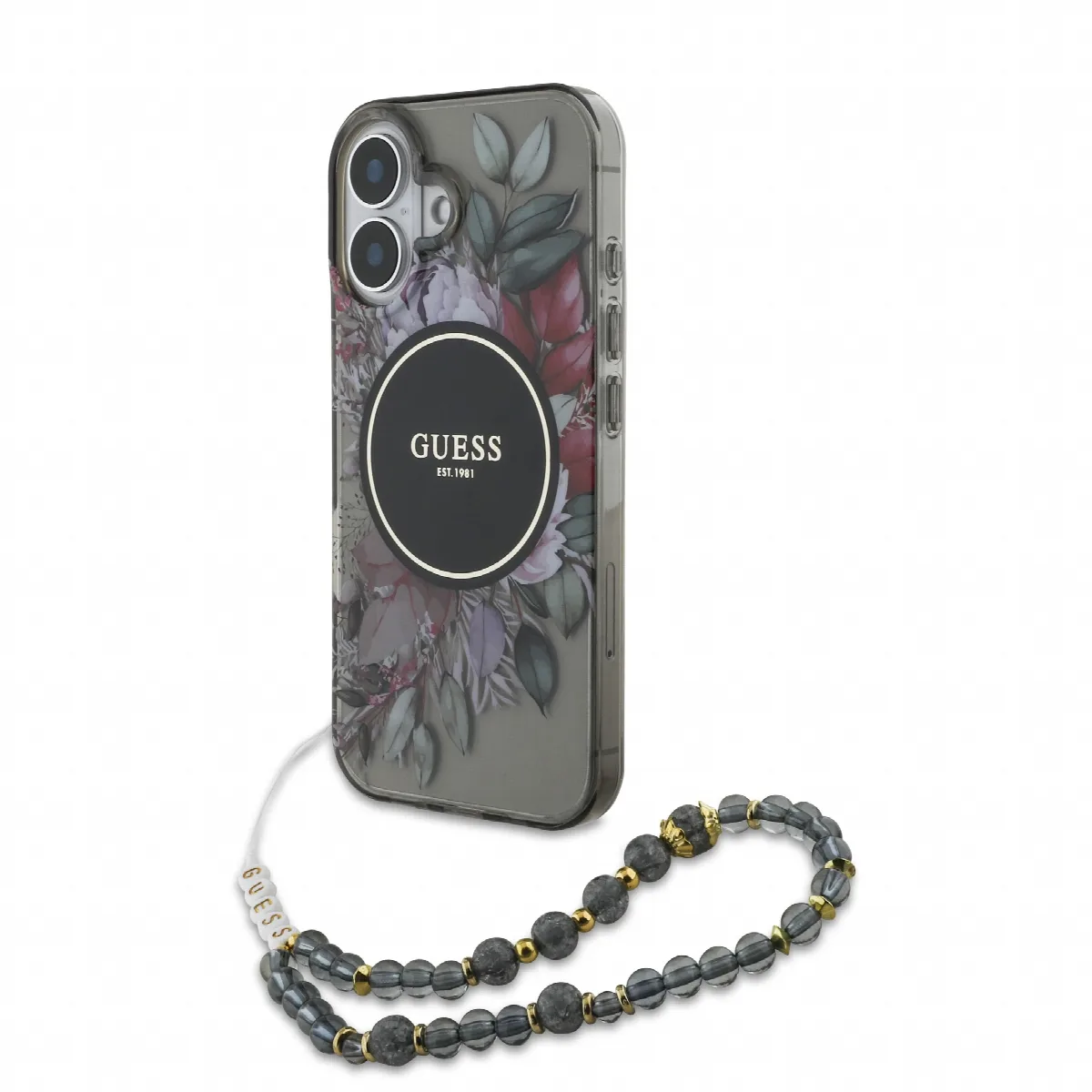 Guess Magsafe “Flowers with Pearl Strap” Hard Case Θήκη προστασίας από σκληρό πλαστικό – iPhone 16 Μαύρο – GUHMP16SHFWBRCESK