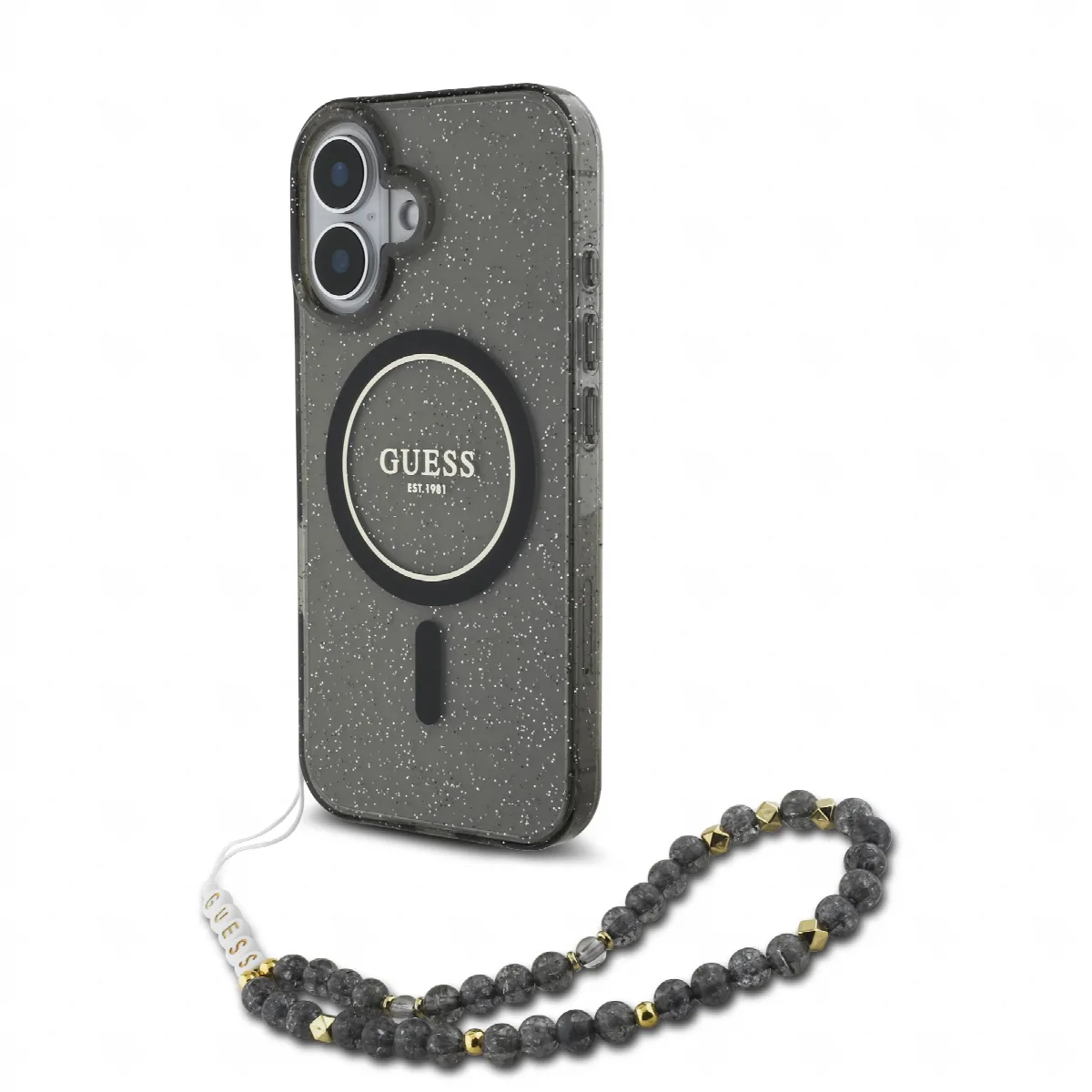 Guess Magsafe “Glitter with Pearl Strap” Hard Case Θήκη προστασίας από σκληρό πλαστικό – iPhone 16 Μαύρο – GUHMP16SHGCRELSK
