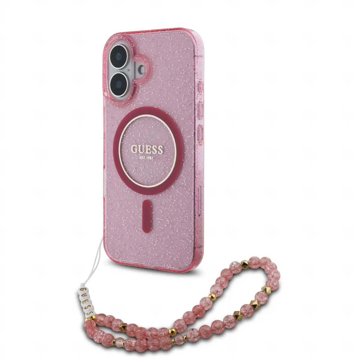Guess Magsafe “Glitter with Pearl Strap” Hard Case Θήκη προστασίας από σκληρό πλαστικό – iPhone 16 Ροζ – GUHMP16SHGCRELSF