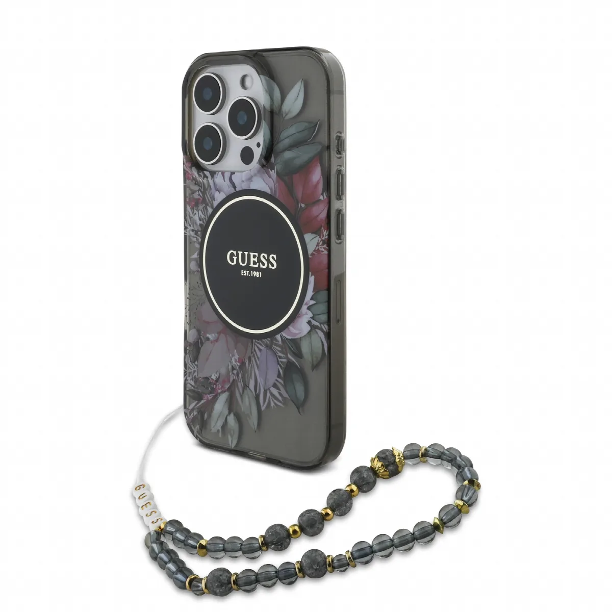 Guess Magsafe “Flowers with Pearl Strap” Hard Case Θήκη προστασίας από σκληρό πλαστικό – iPhone 16 Pro Max Μαύρο – GUHMP16XHFWBR