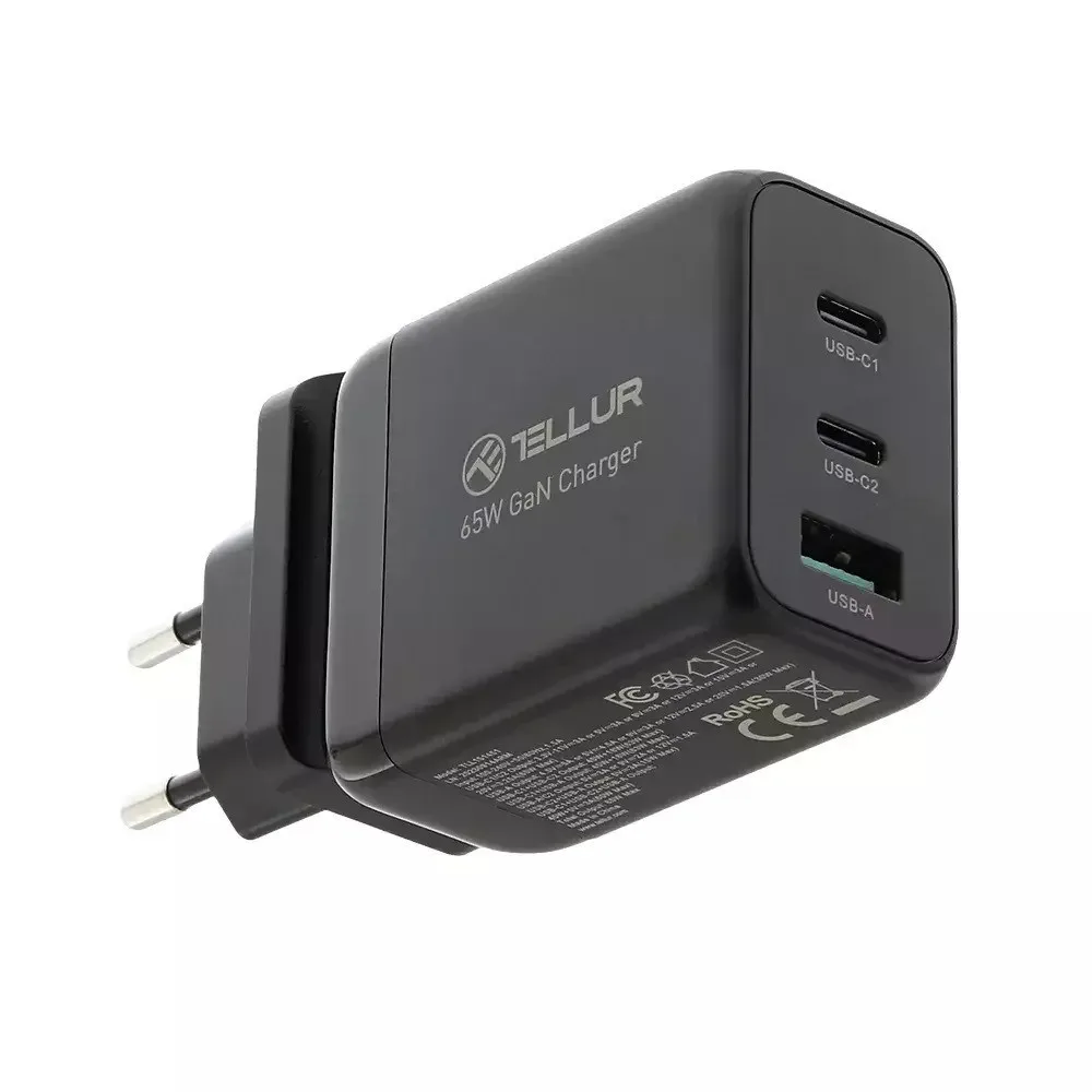 Tellur Φορτιστής Τοίχου GaN με USB-A & 2xUSB-C 65W - Μαύρο