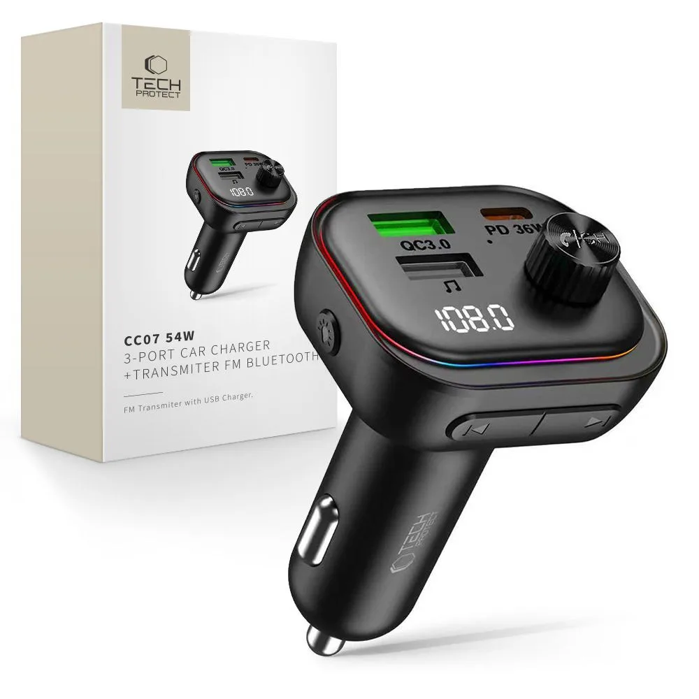 Tech-Protect Φορτιστής & FM Transmitter Αυτοκινήτου με Bluetooth - Μαύρο