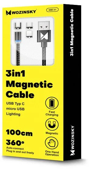 Wozinsky LED Magnetic Καλώδιο USB to Lightning / Type-C / micro USB (1m) - Μαύρο – εικόνα 2