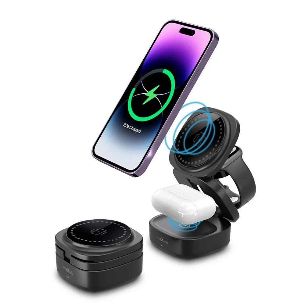 Maxlife MXWC-06 magnetic wireless charger - Μαγνητικός ασύρματος φορτιστής 3 σε 1 μέγιστης ισχύος 15W σε μαύρο χρώμα – εικόνα 4