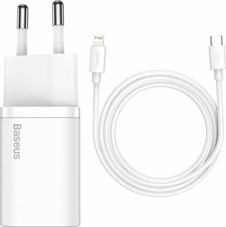 Baseus Φορτιστής Super Si με Θύρα USB-C και Καλώδιο USB-C - Lightning 20W Power Delivery - Λευκό
